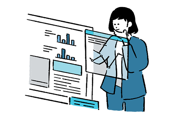 パソコンの画面でデータを分析しているイラスト
